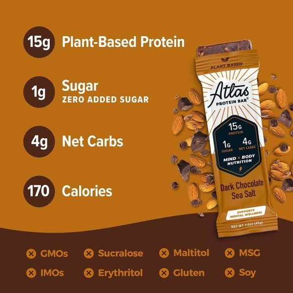 Atlas Energy Bar Dark Chocolate Sea Salt Flavor Keto Vegan Plant Based Nutrients
