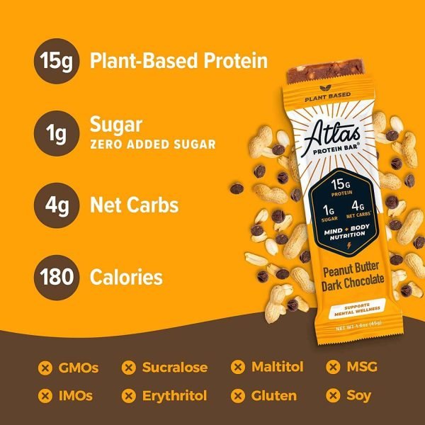 Atlas Energy Bar Peanut Butter Dark Chocolate Sea Salt Flavor Keto Vegan Plant Based Nutrients